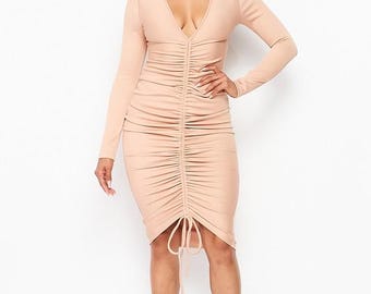 Ruched Bodycon Midi Dress with Drawstring Detail