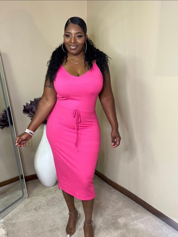 hot pink midi dress plus size Hot Pink Fitted Midi Dress Bratty and Bossy