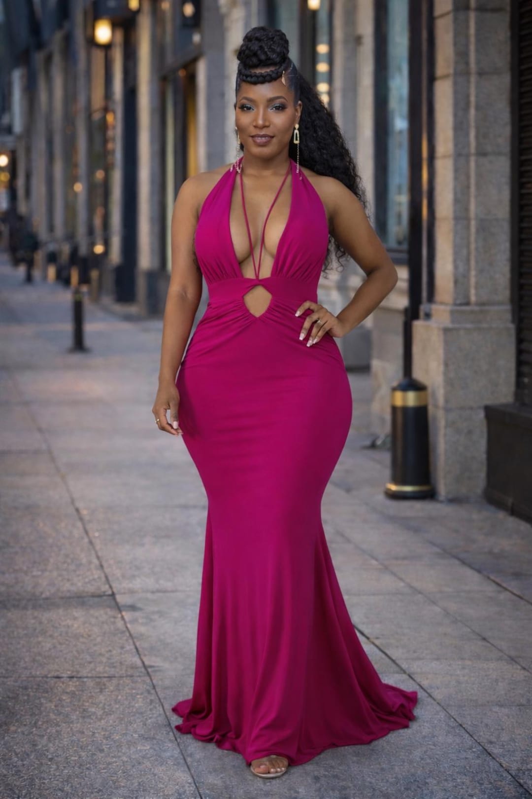Magenta Halter Maxi Dress | Deep V-Neck Cutout Gown for Evening or Formal Events