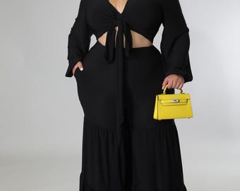 Plus Size Black Two-Piece Set with Tie Front Top and Wide Leg Pants