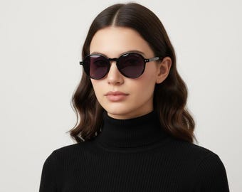 Prüne Schwarze runde Sonnenbrille - Dunkelviolette Gläser - Übergroßes Acetat