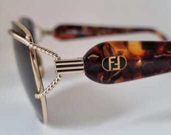 Fendi FS 199 Vintage Sunglasses - Gold and Tortoise Square Aviator with Cord Detail