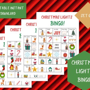 Cartões de bingo com luzes de Natal / Jogo de bingo de Natal para impressão / Bingo de férias
