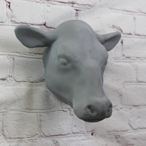 May include: A grey cow head sculpture mounted on a white brick wall. The sculpture is made of a smooth, matt material and has a realistic appearance.