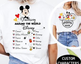 Camiseta Disney Around The World, camiseta Epcot Drinking Around The World, Snacks Squad, Mickey Beer (delante y detrás), camiseta de Mickey, camiseta del equipo Disney