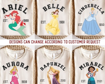 Disney All Princess Shirts, Moana / Cinderella / Belle / Aurora / Jasmine / Pocahontas / Snow White / Tiana / Ariel / Rapunzel / Merida