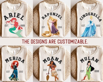 Disney All Princess Shirts, Moana / Cinderella / Belle / Aurora / Jasmine / Pocahontas / Snow White / Tiana / Ariel / Rapunzel / Merida