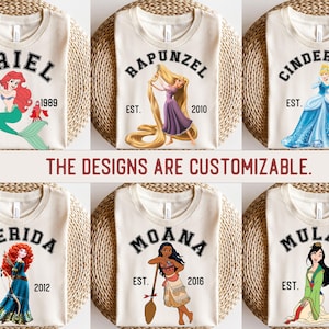 Disney Princess Shirts, Moana / Cinderella / Belle / Aurora / Jasmine / Pocahontas / Snow White / Tiana / Ariel / Rapunzel / Merida