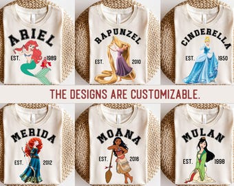 Disney Princess Shirts, Moana / Cinderella / Belle / Aurora / Jasmine / Pocahontas / Snow White / Tiana / Ariel / Rapunzel / Merida