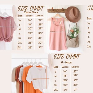 May include: Size chart for crew neck, tank top, and V-neck shirts. The chart shows the width and length measurements in inches for each size: XS, S, M, L, XL, 2XL, and 3XL.