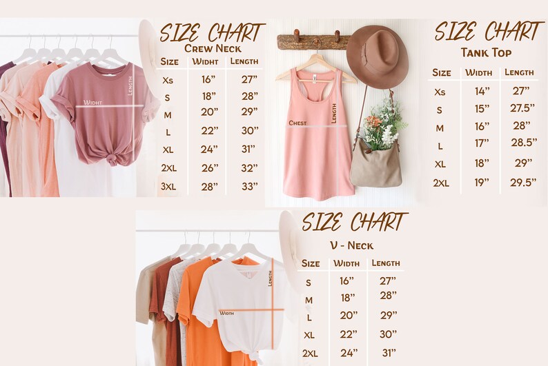 May include: Size chart for crew neck, tank top, and V-neck shirts. The chart shows the width and length measurements in inches for each size: XS, S, M, L, XL, 2XL, and 3XL.