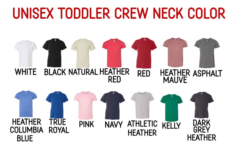 Puede incluir: Una tabla que muestra 12 opciones de color diferentes para camisetas de cuello redondo para ni&ntilde;os peque&ntilde;os. Los colores incluyen blanco, negro, natural, rojo jaspeado, rojo, malva jaspeado, asfalto, azul columbia jaspeado, azul royal, rosa, azul marino, jaspeado atl&eacute;tico, verde kelly y gris oscuro jaspeado.