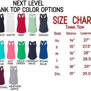 May include: Image of a tank top color options chart. The chart displays various tank top colors, including black, white, red, mint, and indigo. A size chart is also included, with measurements in inches for width and length.