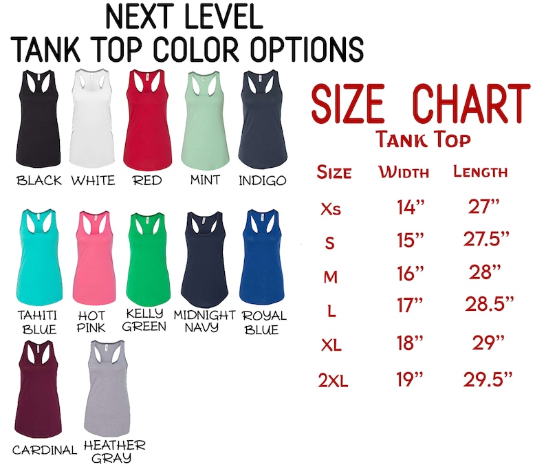 May include: Image of a tank top color options chart. The chart displays various tank top colors, including black, white, red, mint, and indigo. A size chart is also included, with measurements in inches for width and length.