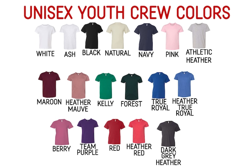 Puede incluir: Una tabla que muestra 18 opciones de color diferentes para camisetas de cuello redondo para j&oacute;venes. Los colores incluyen blanco, ceniza, negro, natural, azul marino, rosa, gris deportivo, granate, malva jaspeado, verde kelly, verde bosque, azul rey, azul rey jaspeado, baya, morado de equipo, rojo, rojo jaspeado y gris oscuro jaspeado.