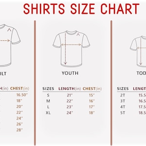 Puede incluir: Tabla de tallas de camisas con medidas en pulgadas para tallas de adulto, joven y ni&ntilde;o peque&ntilde;o. La tabla muestra las medidas de longitud y pecho para cada talla.