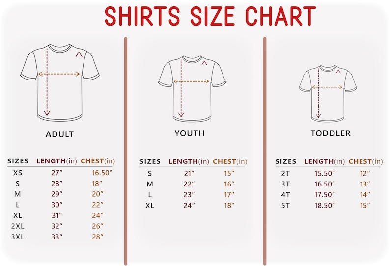Puede incluir: Tabla de tallas de camisas con medidas en pulgadas para tallas de adulto, joven y ni&ntilde;o peque&ntilde;o. La tabla muestra las medidas de longitud y pecho para cada talla.
