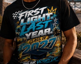Ontwerp voor een T-shirt met zonsopgangmotief voor eindexamenkandidaten van de lichting van 2027 (PNG-bestand