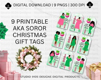 AKA Sorority Weihnachtsgeschenkanhänger, Rosa & Grün Urlaub DIY Digital Download, Schwesternschaft saisonale Geschenke