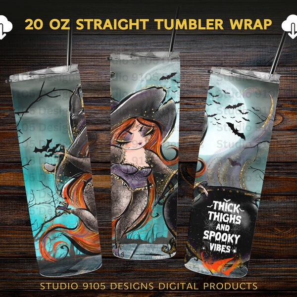 Halloween 20oz Tumbler Design Thick Thighs and Spooky Vibes Curvy Redheaded Witch, Fall Design, Plus Size Redheaded Witch Tumbler
