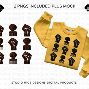 Puede incluir: Una sudadera amarilla mostaza y gráficos digitales con diseños de puños negros y peines afro. También se ve el texto "2 PNGS INCLUDED PLUS MOCK" y "STUDIO 9105 DESIGNS DIGITAL PRODUCTS".
