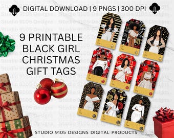 Schwarzes Mädchen Weihnachten Geschenkanhänger, Mode Urlaub druckbare Etiketten, DIY digital druckbares Tag Bundle