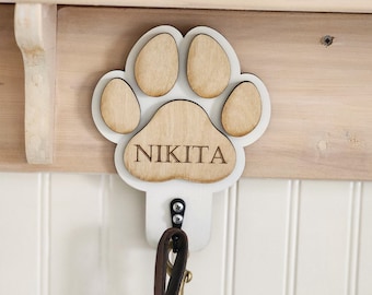 Dog Leash Holder, Paw Print Hook, Dog Name Sign, Leash Hanger, Personalized Dog Leash Hook, Engraved Leash Holder, Pet Wall Hook