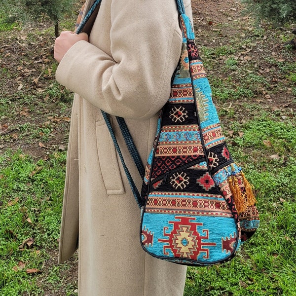 Colourful Banana Style Kilim Backpack, Vintage Style Ethnic Turkish Boho Tote Bag, Kilim Bag, Geometric Bag,Hippie Bag,Turquoise Backpack,