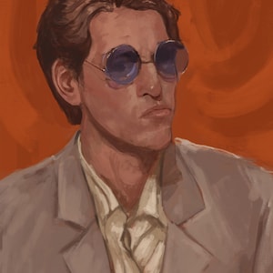 May include: An artistic portrait of a person wearing round blue-tinted sunglasses, a light-colored collared shirt, and a gray blazer. The background is a solid orange color. The person has brown hair and a serious expression.