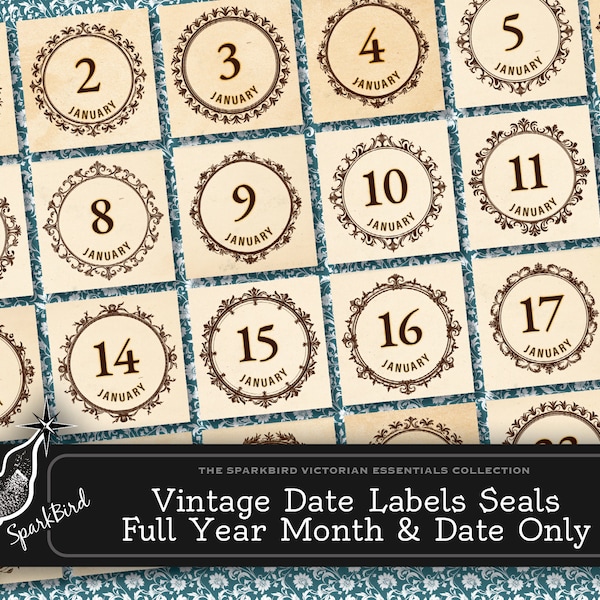 Full Year Vintage Number and Date Labels perfect for New Year's planners, junk journals, ephemera, tags, collage and easy DIY Projects