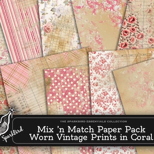 Kit di pagine di diario di carte digitali invecchiate di Ephemera rosa corallo vintage, pagine stampabili, download immediato, tasche, etichette e spread