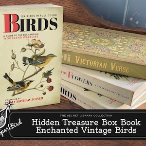 May include: A stack of vintage books with illustrated covers featuring birds, flowers, and Victorian verse. The top book is titled "Birds: A Guide to the Enchanting Woodland Warblers" and features a colorful illustration of birds on a branch with berries. The books are part of "The Secret Library Collection" and are labeled "Hidden Treasure Box Book Enchanted Vintage Birds".