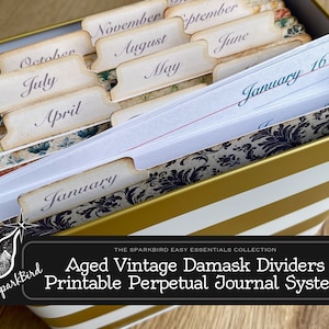 Perpetual Journal Karteikarten System mit gealterten Vintage Damast dekorativen Trennblättern und Tabs. Lazy Journal zum einfachen Aufzeichnen des Alltags