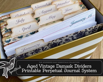 Aged Vintage Damask Printable Perpetual Journal Index Card System with decorative dividers and tabs. Lazy Journal to easily record everyday