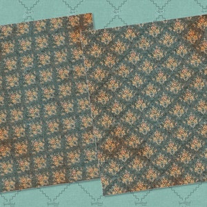 May include: Two digital paper patterns featuring a vintage floral design with a blue background and gold and orange accents.
