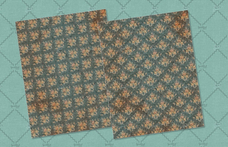 May include: Two digital paper patterns featuring a vintage floral design with a blue background and gold and orange accents.