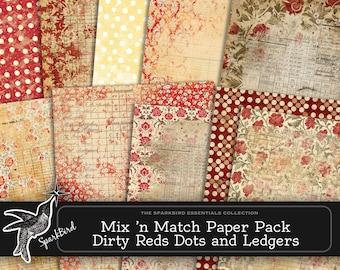Vintage Red Printable Papers Digital Journal Pages Kit in Shabby Chic Grungy Reds & Cream,  Instant Download, Pockets and Tags, Ephemera Kit