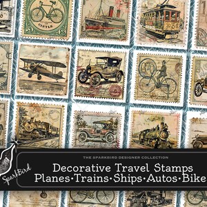 Diario di viaggio in stile vintage Avventura francobolli, aerei, treni, biciclette, navi, carrelli, palloncini, 96 disegni per diari, collage