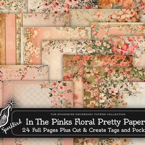Joli papier rose dans des tons corail, saumon et barbe à papa, belles pages de bordure vintage vieillies et pochettes pour étiquettes découpées et créées