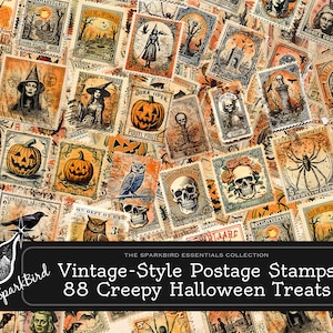 Timbres-poste d'Halloween de style vintage, 88 sorcières effrayantes, Jackolantern, araignées, chauves-souris, crânes, cimetière Impressions DIY pour votre journal indésirable