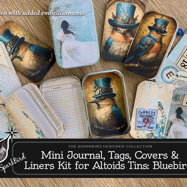 Dashing Bluebirds Mini Journal with NO SEW binding & Tags that fit in Altoids Tins. Easy Beginner project. Printable Instant Download