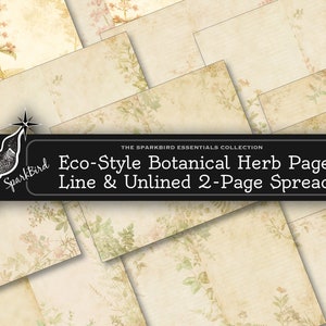 Fiori botanici alle erbe eco-stile Stampabili su 2 pagine per diari spazzatura, pagine, oggetti effimeri, sfondi ed etichette. Stili foderati e sfoderati