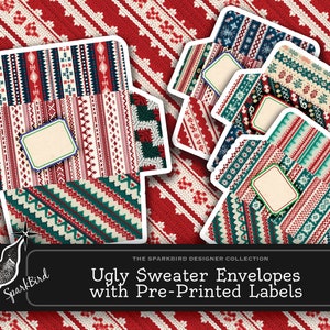 Ugly Christmas Sweater Umschläge für Geschenkkarten - ein Baker's Dozen von einfachen DIY-Druck- und Faltumschlägen mit Etiketten - in dieser Größe für PrePaid-Geschenkkarten
