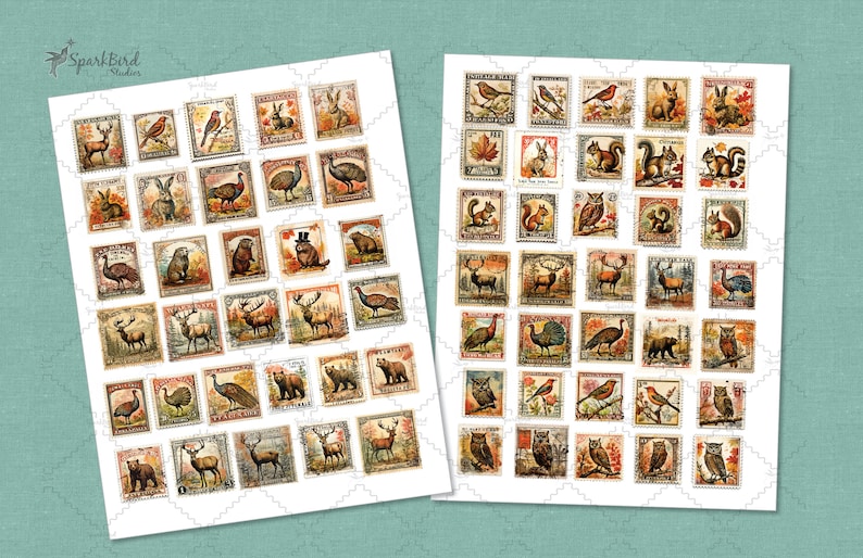 Rustic Stamps Vintage-style Printable Postage Stamps, 66 Forest Woodland Animal ...