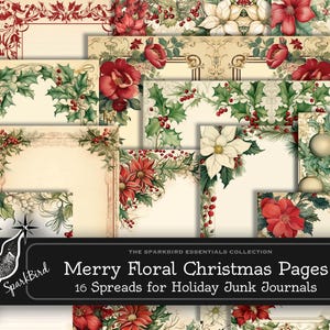 16 Christmas Border Spreads with Poinsettia, Holly, Floral Designs, Junk Journal Supplies, Vintage Holiday Scrapbook Paper, Digital Download