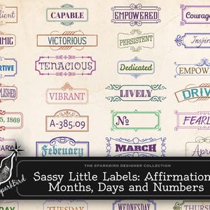 Etichette Sassy Little Word: affermazioni motivazionali, mesi, giorni, numeri, etichette per diario, effimeri in stile vintage per crescita e successo