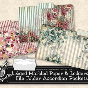 May include: Aged marbled paper and ledger file folder accordion pockets in various designs. The folders feature striped and marbled patterns in shades of pink, green, and cream. The text "SparkBird Essentials Collection" is visible.