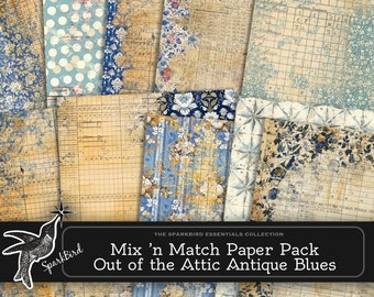 Blue Ephemera Vintage Digital Papers Journal Kit in Blue Grungy Printable Pages,  Instant Download, Pockets and Tags, Pages Kit