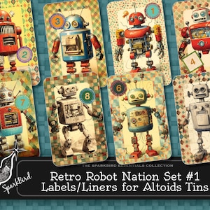 Retro Spielzeug Roboter aus den 1950er Jahren Altoid Dosendeckel & Einlagen für Bonbondose, 8 nostalgische Designs & passende Einsätze. Sofortiger digitaler Download # 1