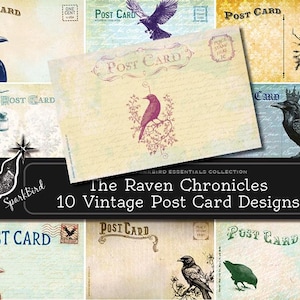 The Raven Post Card Chronicles, 10 mythische ontwerpen, digitaal afdrukbaar assortiment direct downloaden